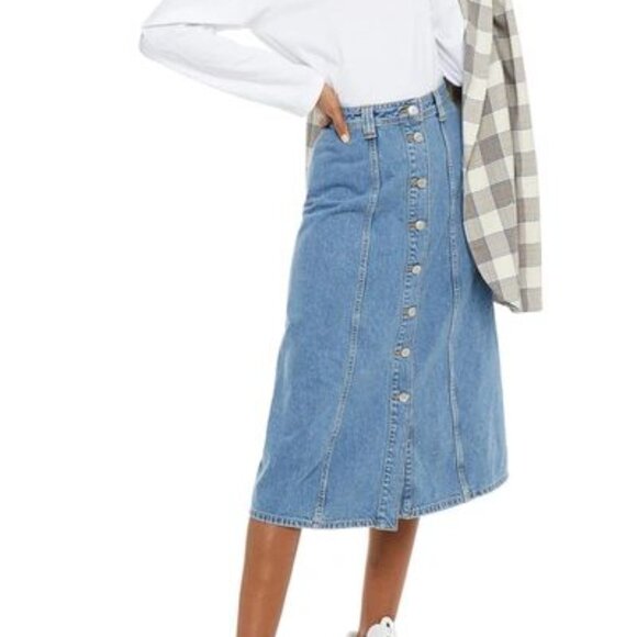 Ganni Dresses & Skirts - Ganni Mid-Blue Button-Front A-Line Denim Skirt